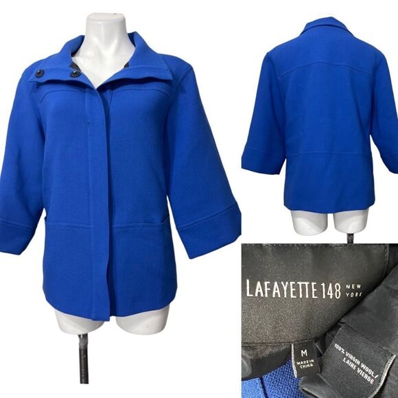 Lafayette 148 New York jacket Med blue 100% virgin wool button up fall winter - Picture 1 of 4